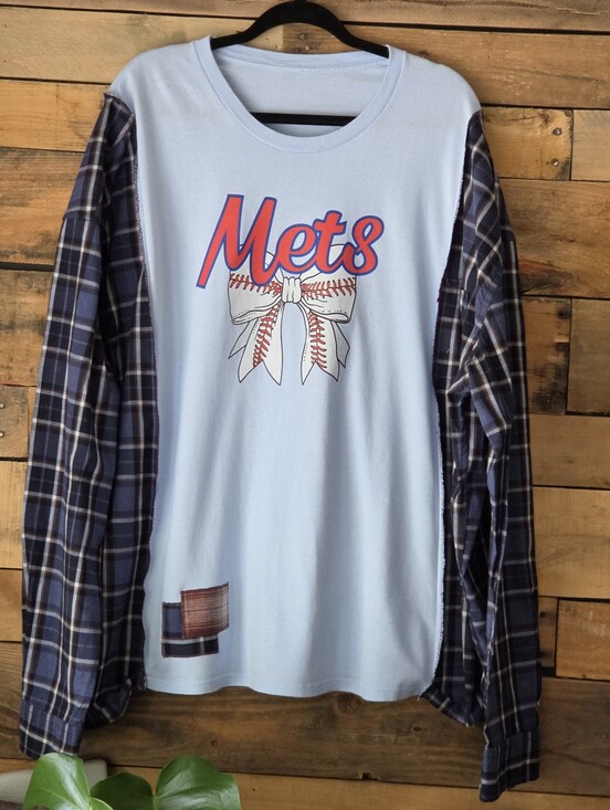 Trapos by Sonia Ruiz (upcycled) Tops - Upcycled Graphic Mets Light Blue T-shirt   & Navy Plaid Long-Sleeve